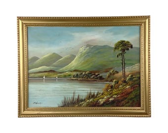 Antique Scottish Loch Oil Painting • Signed J. Kellog • Original Gilt Frame