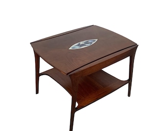 John Stuart Inc. Walnut End Table • Enamel Inlay Top • Two-Tier • 1960s • Grand Rapids • MCM Side Table