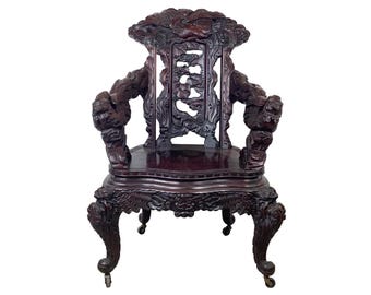 Antique Chinese Export Dragon Armchair | Carved Hardwood | Foo Dog Arms | Late 19th to Early 20th Century
