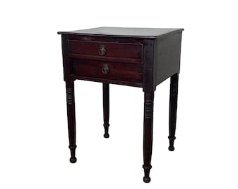 Antique American Federal Mahogany Side Table • Two Drawers • Ring-Turned Legs • Nightstand End Table