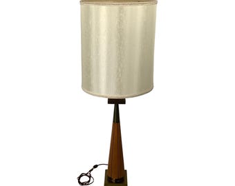 Mid Century Modern Walnut & Brass Table Lamp – Sculptural Cone Base with Tall Drum Shade