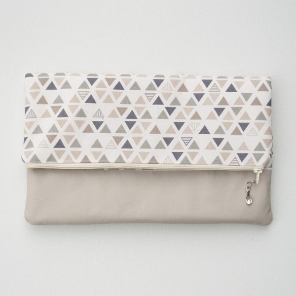 20% OFF Geometric Triangles Zippered Foldover Clutch - Vegan Handbag - Neutral Tones Purse