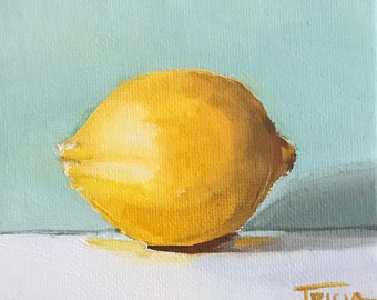 Oil Painting, Lemon Painting, Still Life, Fruit Painting, 4"x4", Original Art