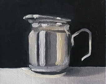Oil Painting, Coffee Creamer Painting, Still Life, Fruit Painting, 4"x4", Original Art