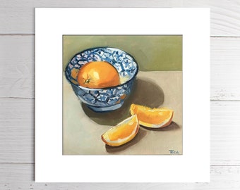 Art Print, Matted Print, Oranges Painting, Bialetti, Espresso Painting, 8"x8", Square Print