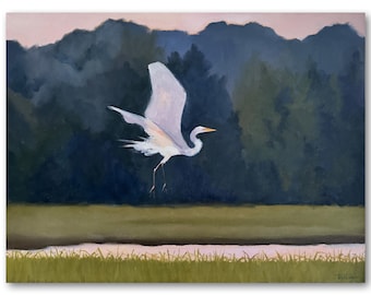 Original Oil Painting: Great Egret Taking Flight - 18"x24" Marsh Art