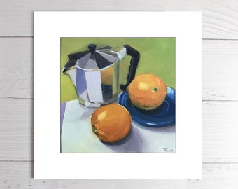 Art Print, Matted Print, Oranges Painting, Bialetti, Espresso Painting, 8"x8", Square Print