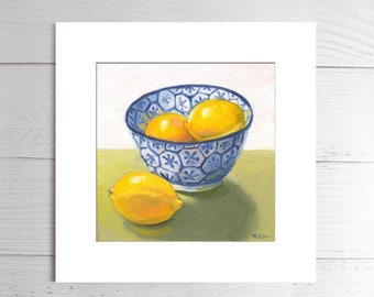 Art Print, Matted Print, Lemons in Blue Bowl, Still Life Artwork, 8"x8", Square Print