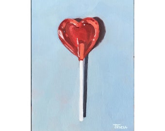 Matted Art Print, Framed Print, Heart Lollipop, Still Life Painting