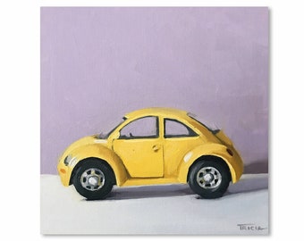 Oil Painting, Beetle Bug, Retro Art, Yellow Car Painting