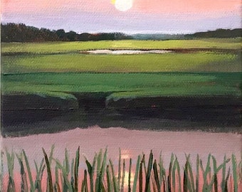 Harvest Moon, Marsh Painting, Painting, Coastal Art