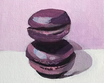 Original Acrylic Painting, Fine Art, Macarons, 4"x4" Painting, Framed Art, Square Art, Food Art