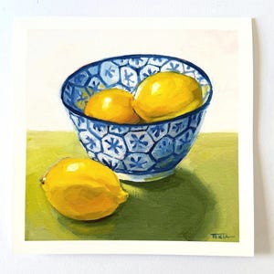 8&quot;x8&quot;, Art Print, Matted Print, Lemons in Blue Bowl, Still Life Artwork, Square Print