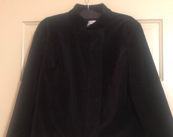 Beautiful Short Jacket, Black Velour Jacket from Isaac Mizrahi, Mandarin Collar Velour Topper  Black Cropped Jacket with Placket and Buttons