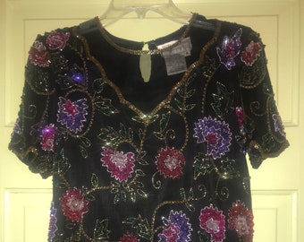 Exquisite Embellished Black Silk Top, Beaded Silk Blouse, Silk Black Short Sleeve Blouse Sequined  Beaded Flower Motif, Gorgeous Evening Top