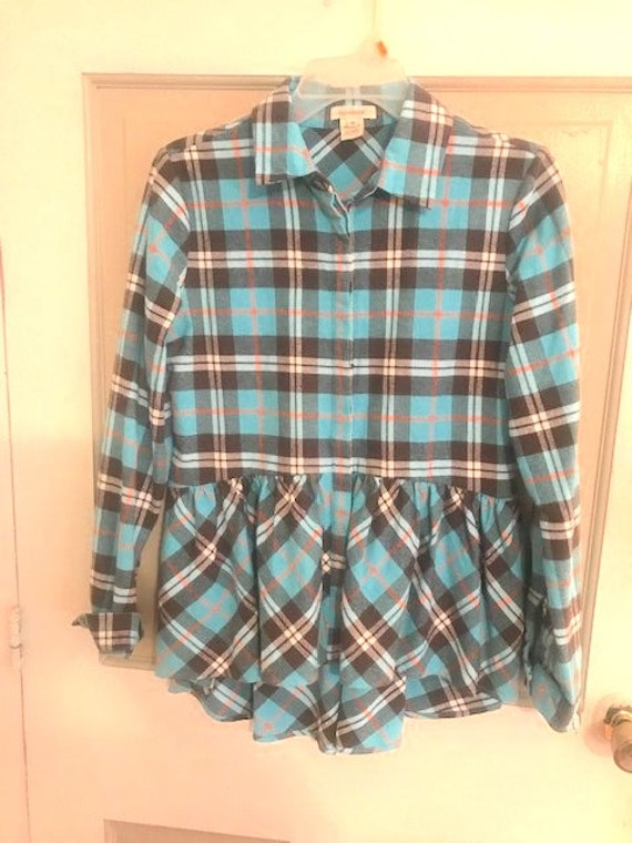 Fashionable Plaid Flannel Shirt - Turquoise Plaid… - image 4