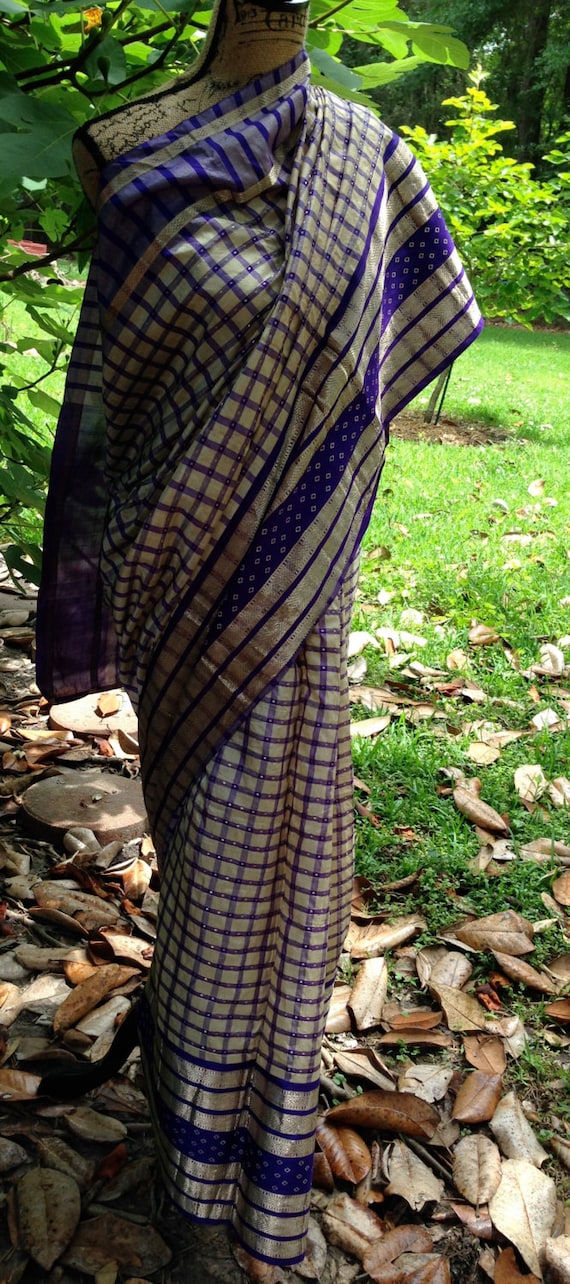 Free Shipping !! Vintage Silk Purple & Gold Sari,… - image 4