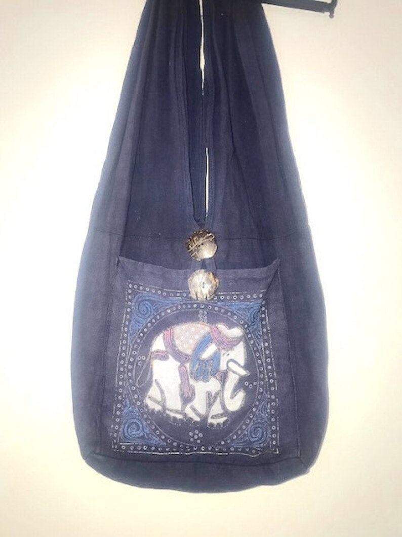 Navy Cloth Bag Book Bag or Tote with Elephant Design Navy Shoulder Tote Elephant Motif Shoulder Bag Navy Book Sack Shoulder Cloth Bag