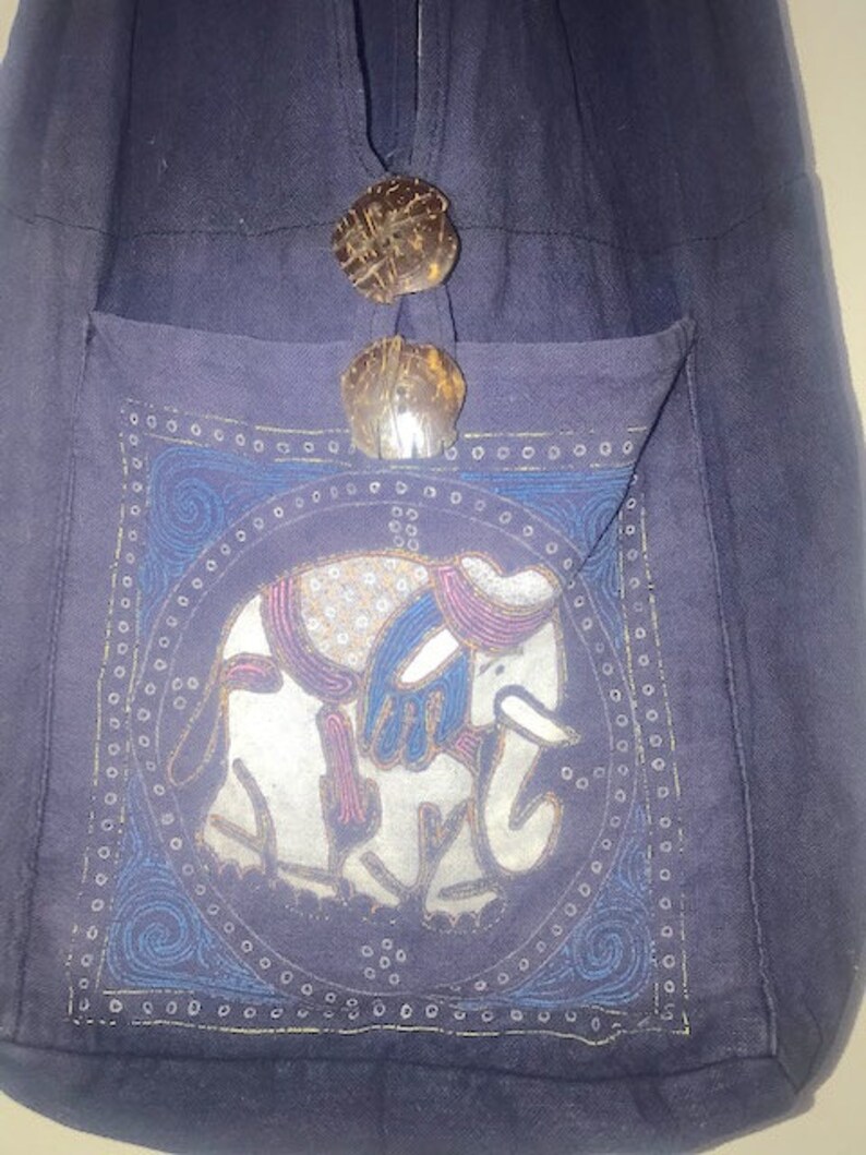 Navy Cloth Bag Book Bag or Tote with Elephant Design Navy Shoulder Tote Elephant Motif Shoulder Bag Navy Book Sack Shoulder Cloth Bag