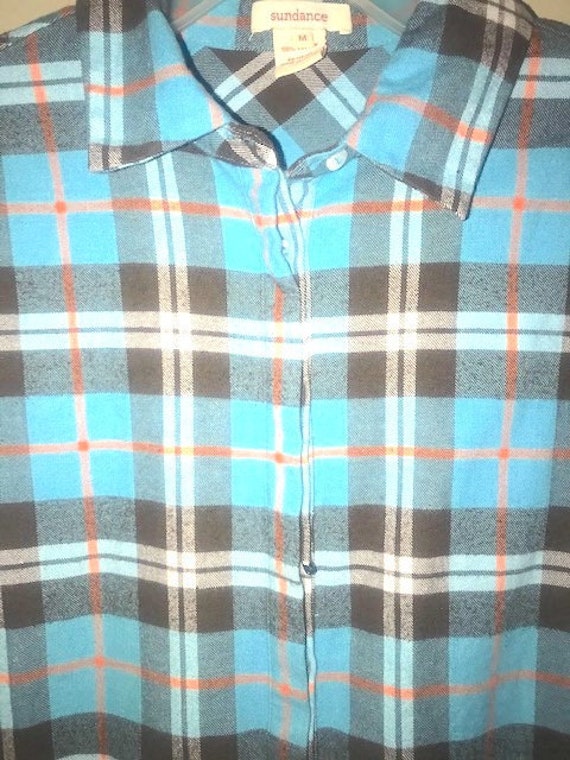 Fashionable Plaid Flannel Shirt - Turquoise Plaid… - image 1