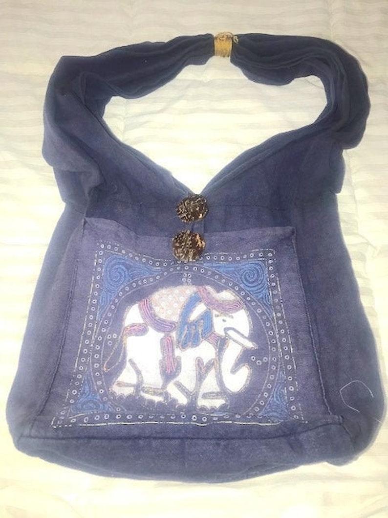 Navy Cloth Bag Book Bag or Tote with Elephant Design Navy Shoulder Tote Elephant Motif Shoulder Bag Navy Book Sack Shoulder Cloth Bag