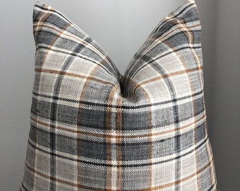 Gray Blue Gold Plaid Pillow Cover