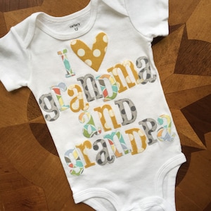 I heart grandma and grandpa appliqued onesie in gray, mustard yellow and multicolor pastels image 1