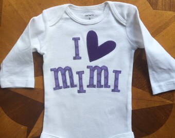 I heart mimi in purple polka dot fabric and a solid Purple Heart baby onesie