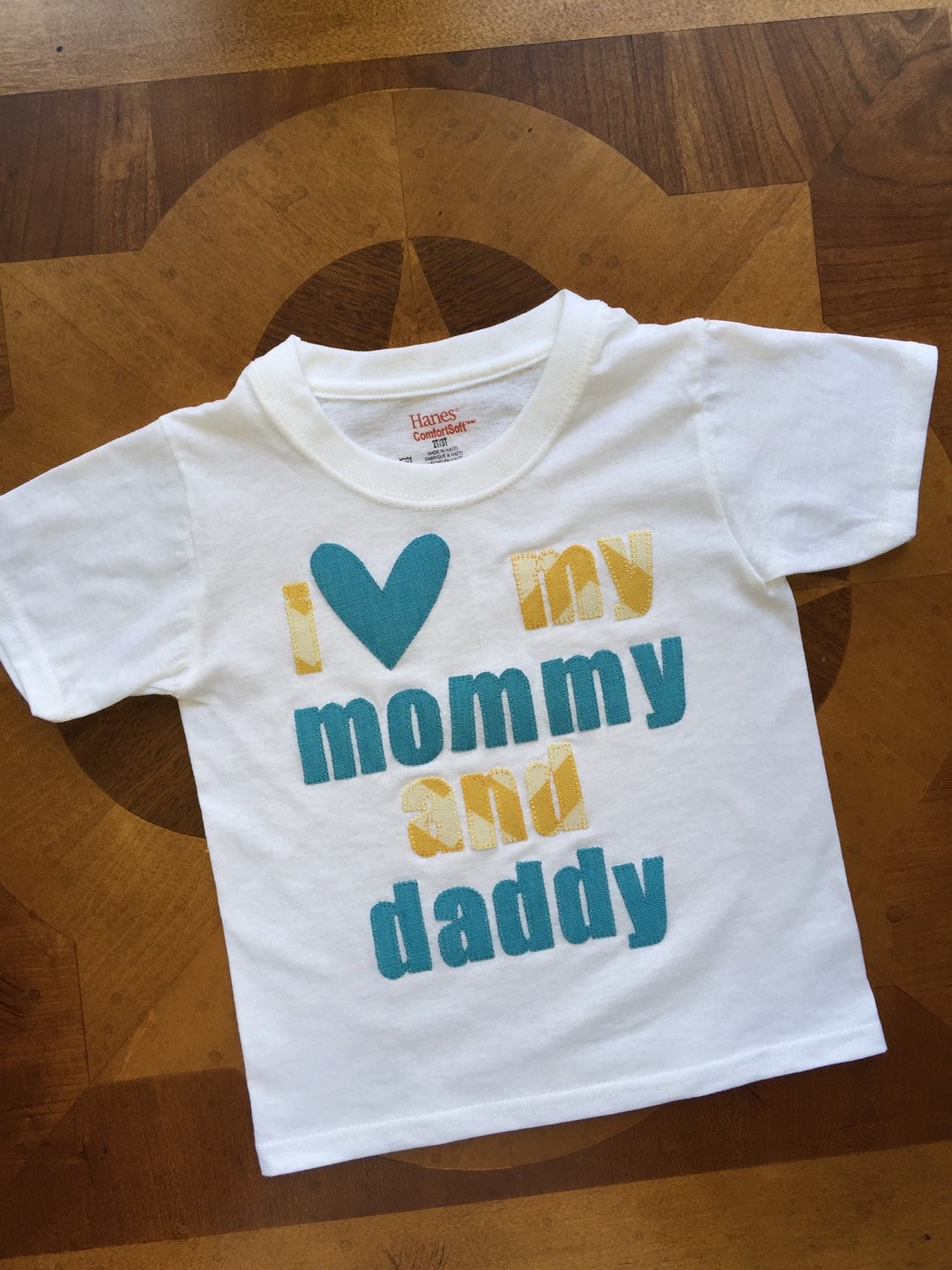 I Love My Mommy and Daddy Tshirt in Turquoise and Yellow Chevron