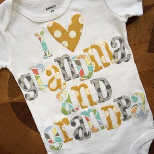 I heart grandma and grandpa appliqued onesie in gray, mustard yellow and multicolor pastels image 2