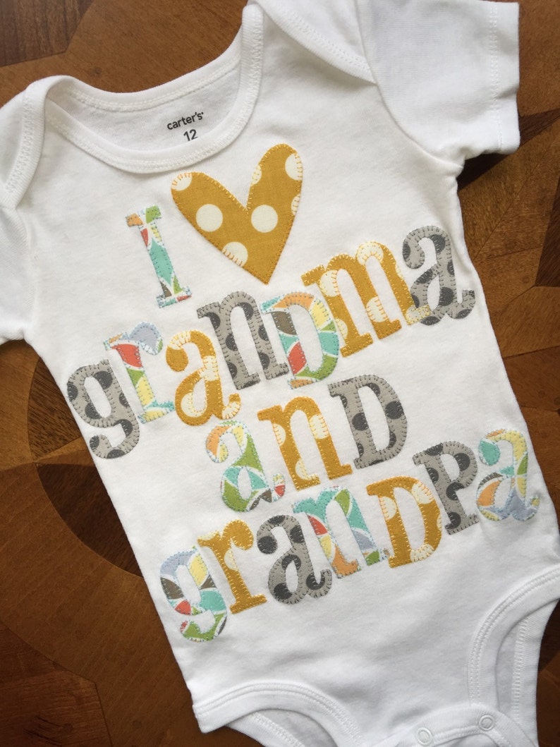 I heart grandma and grandpa appliqued onesie in gray, mustard yellow and multicolor pastels image 2
