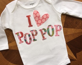 I heart pop pop appliqued in pink floral and polka dots