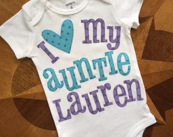 Appliqued I heart my auntie in turquoise and purple polka dot fabrics and personalized with your name