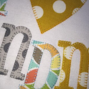 I heart grandma and grandpa appliqued onesie in gray, mustard yellow and multicolor pastels image 4
