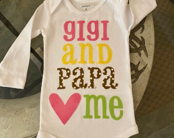 Girly onesie w/ pinks, yellows,brown and green fabrics