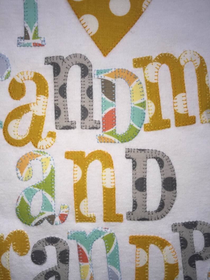 I heart grandma and grandpa appliqued onesie in gray, mustard yellow and multicolor pastels image 3