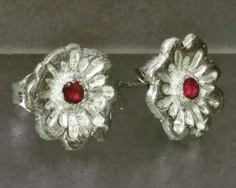 Ruby Studs Flower Earrings Fine Silver