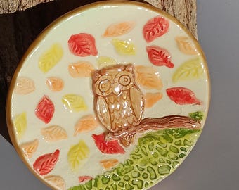 Handmade Ceramic Owl Trinket Dish: Autumn Leaves Jewelry Holder