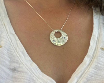 Circle Pendant Honeycomb Lace Flower Necklace Fine Silver