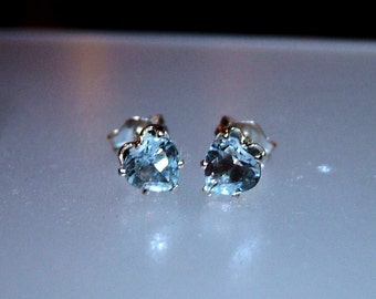 Heart Aquamarine Stud Earrings Sterling Silver