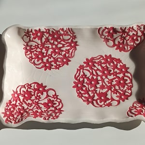 Handmade White Ceramic Platter – Red Floral & Circle Design – Modern Rustic Plate – Decorative Plate – Unique Gift Idea