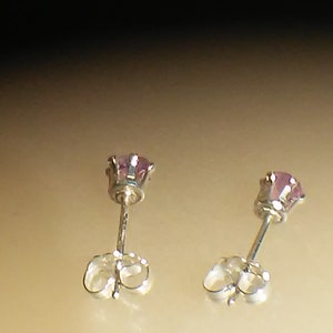 Pode incluir: Um par de brincos de prata com pequenas pedras preciosas cor-de-rosa.