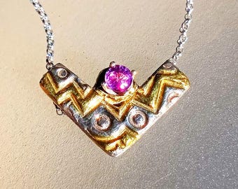 Pink Sapphire Chevron Pendant Zig Zag Fine Silver 22kt Gold