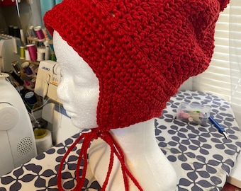 Vintage Style Crocheted Pom Pom Over the Ear Winter Red Cap with Tie Tassels at Chin