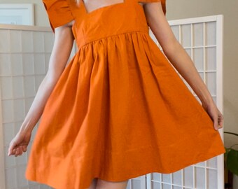 Cotton/ Linen Blend Orange Empire Waist Ruffle Dress S/M