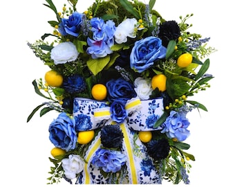 Lemon Wreath for Front Door, Spring Floral Everyday Door Hanger, Lemon Decor, Blue and White Roses Green Moss Wreath,