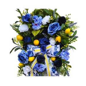 Lemon Wreath: Blue & White Roses, Spring Door Hanger (26&quot; x 22&quot;)