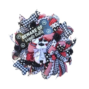 Dog Wreath for Front Door, Puppy Dog Paws Door Hanger, Everyday Year Round Deco Mesh Wreath, Black Gingham and Polka Dot Decor