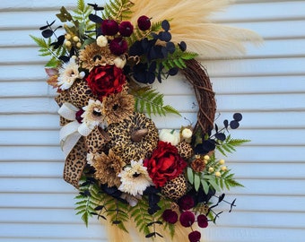 Leopard Print Pumpkin Wreath, Rustic Burgundy Floral Grapevine, Farmhouse Fall Decor