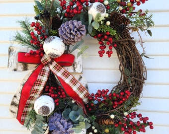 Christmas Pine Wreath for Front Door, Christmas Plaid with Red Berries Grapevine Wreath, Holiday Winter Evergreen Pinecone Decor